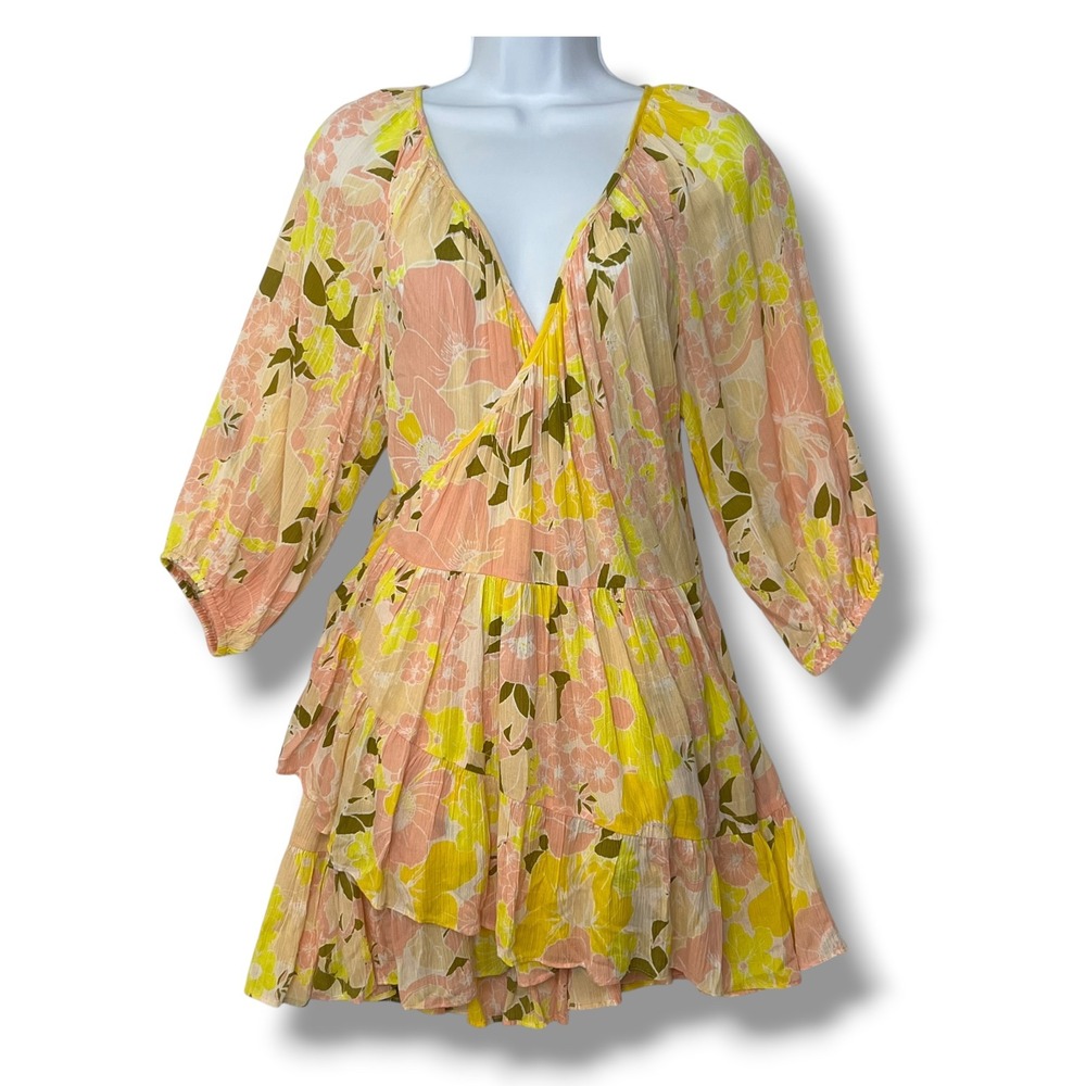 Free People Tunic Top Mini Dress XS Yellow Floral Wrap Tiered Ruffle Boho Gauze